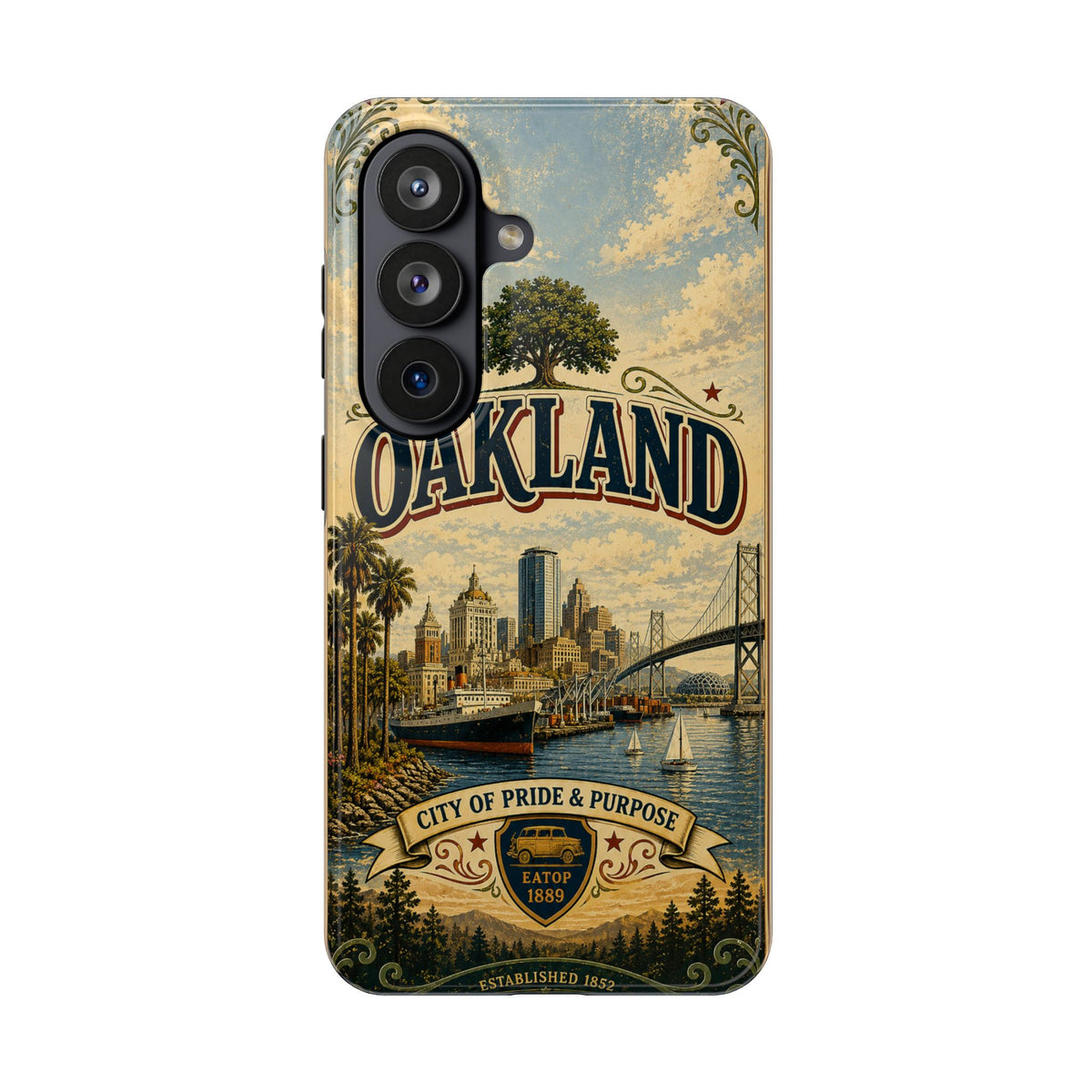 Oakland Bay Heritage Faux Patchwork Phone Case – City of Pride & Purpose Vintage Skyline Art Cover