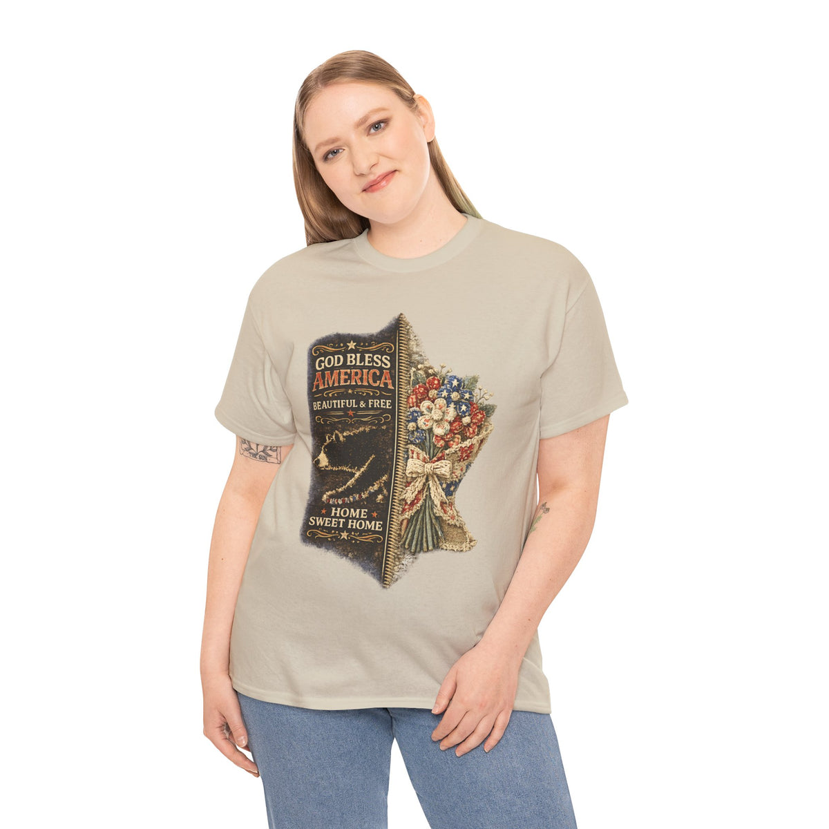 God Bless America T-Shirt — Patriotic "Home Sweet Home" Floral Design