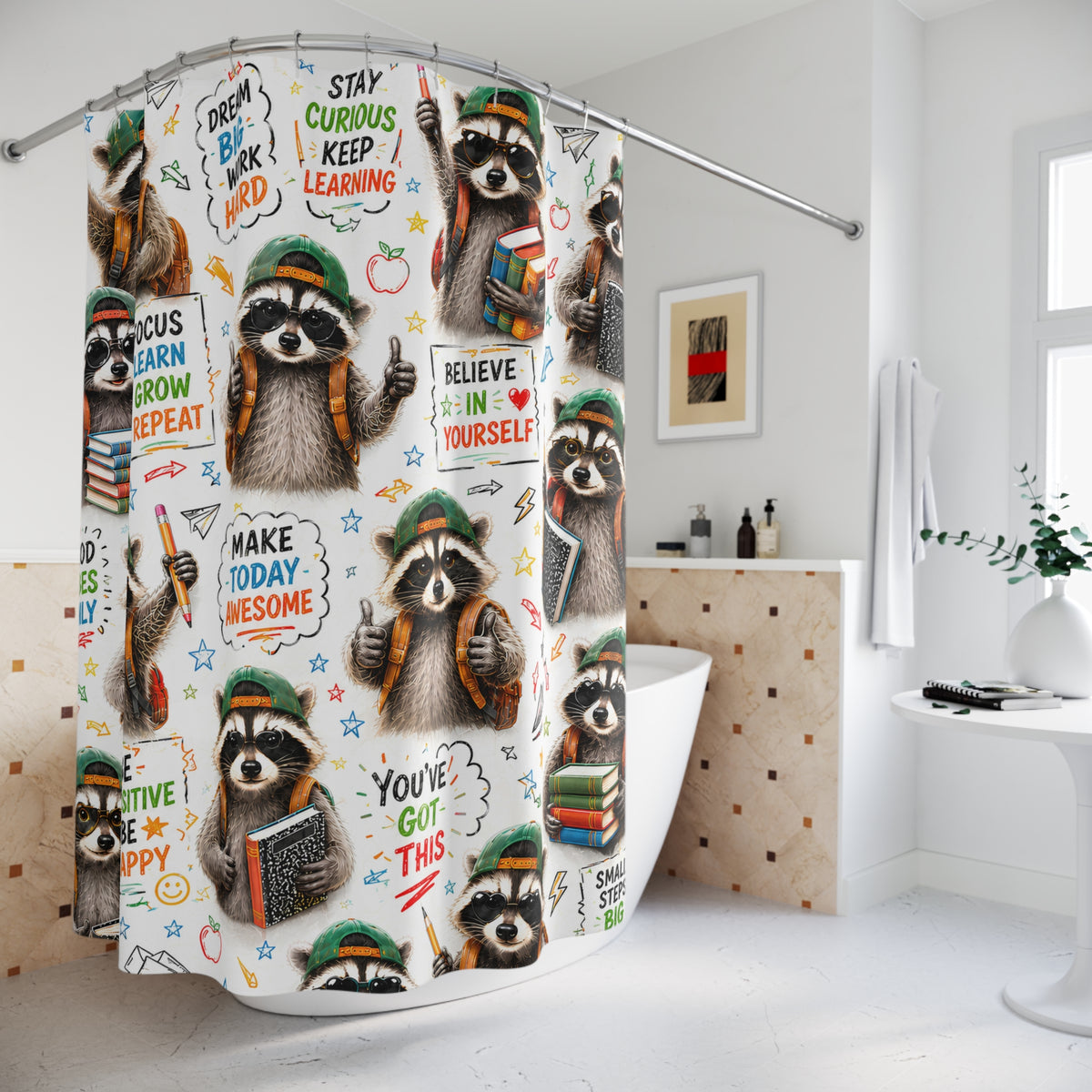 Back to School Raccoon Shower Curtain Dream Big Stay Curious Cute Student Motivational Classroom Bathroom Decor Kids Gift