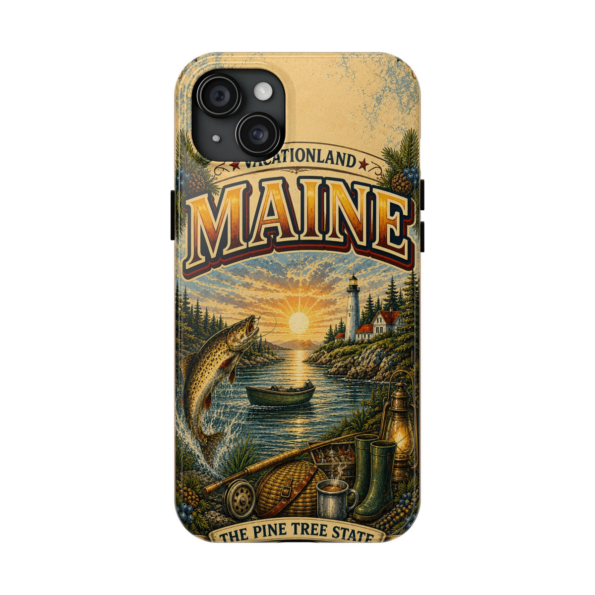 Maine Vacationland Faux Patchwork Phone Case – Vintage Travel Poster Style Coastal Maine Souvenir Cover for iPhone & Samsung