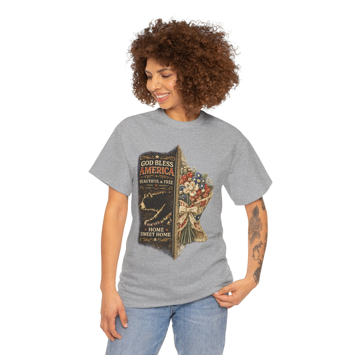 God Bless America T-Shirt — Patriotic "Home Sweet Home" Floral Design