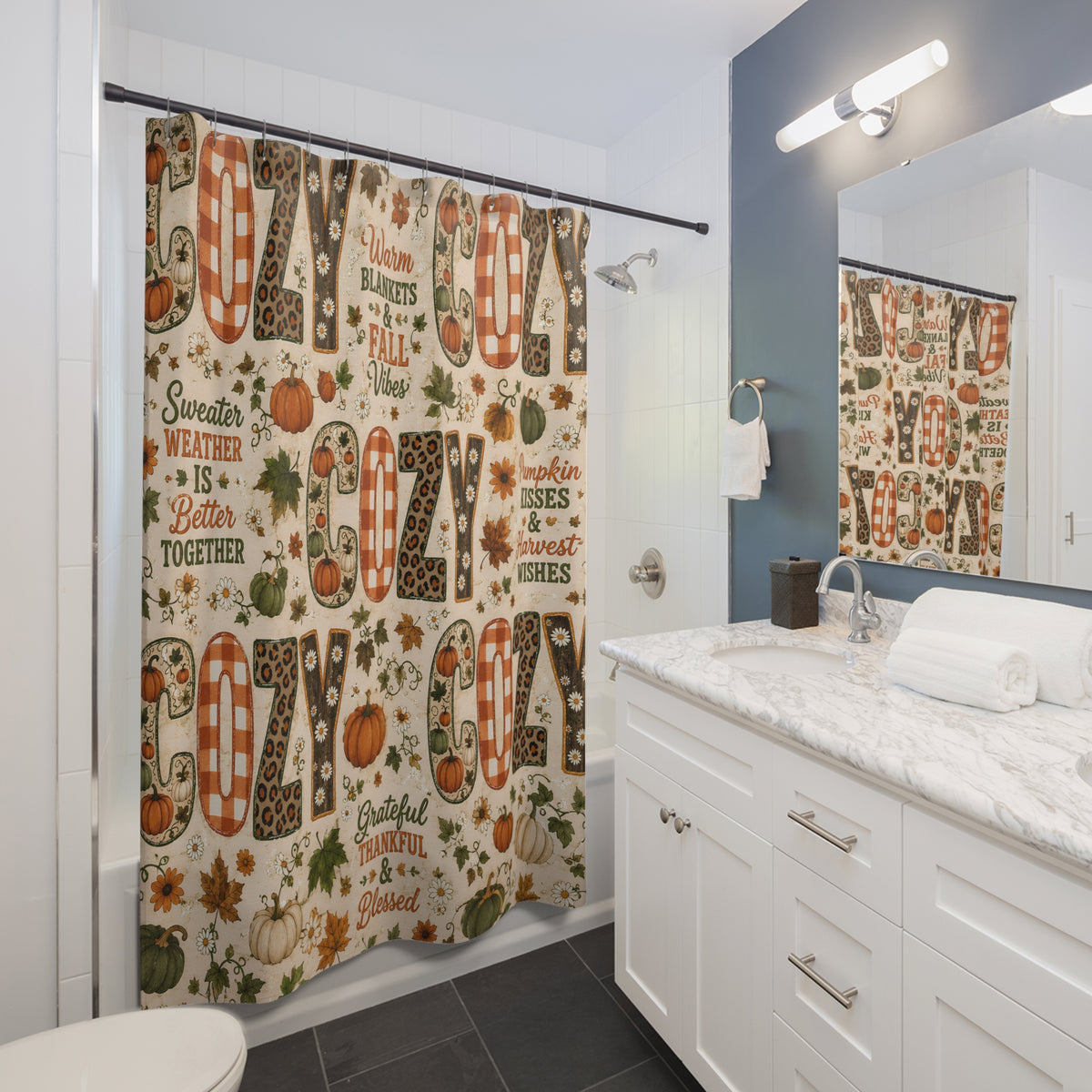 Cozy Fall Shower Curtain Faux Patchwork Pumpkins Leopard Gingham Autumn Leaves Grateful Thankful Blessed Farmhouse Decor