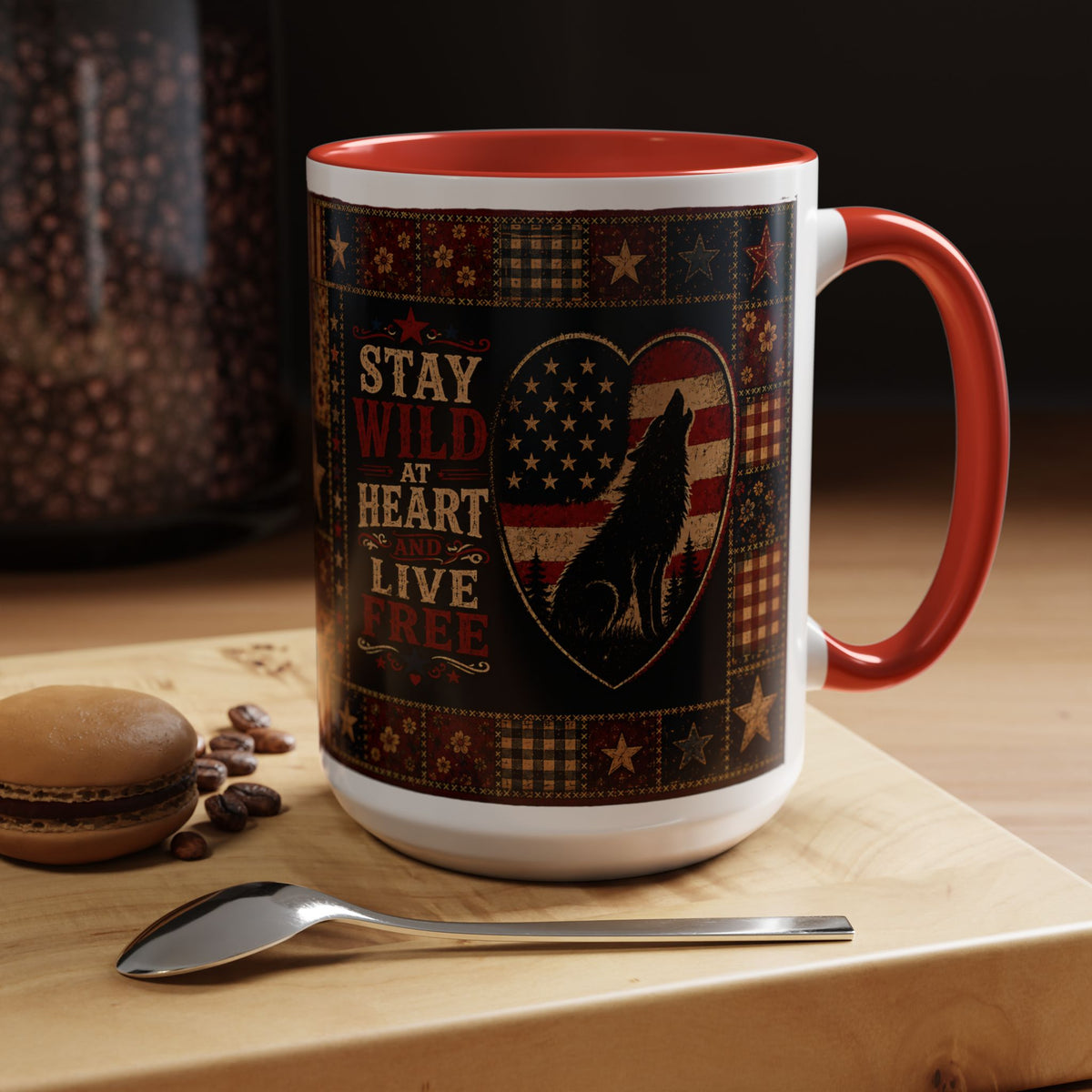Patriotic Wolf Coffee Mug - "Stay Wild at Heart, Live Free" Accent Mug