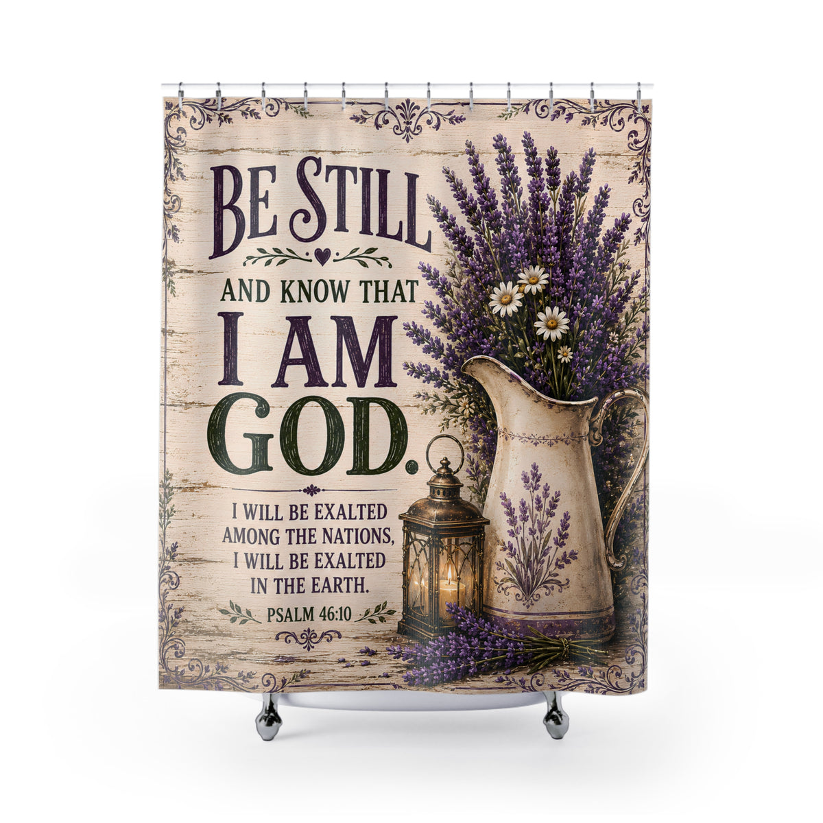 Be Still and Know Christian Shower Curtain Psalm 46 10 Lavender Farmhouse Faith Bathroom Decor