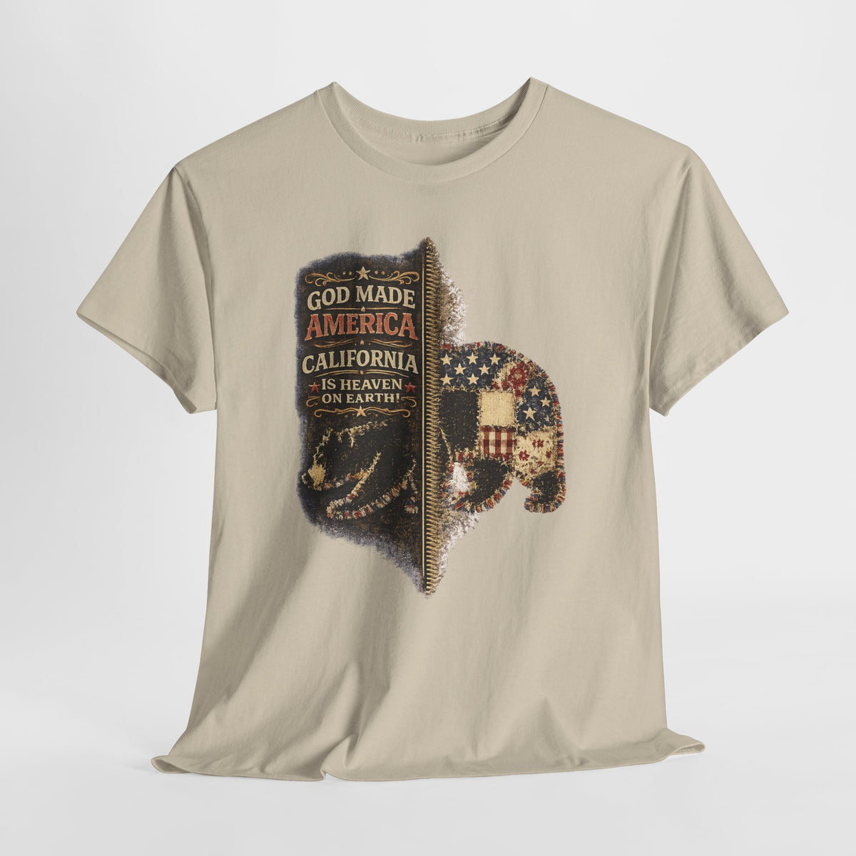 California Buffalo Patriotic T-Shirt — "God Made America, California Is Heaven on Earth"