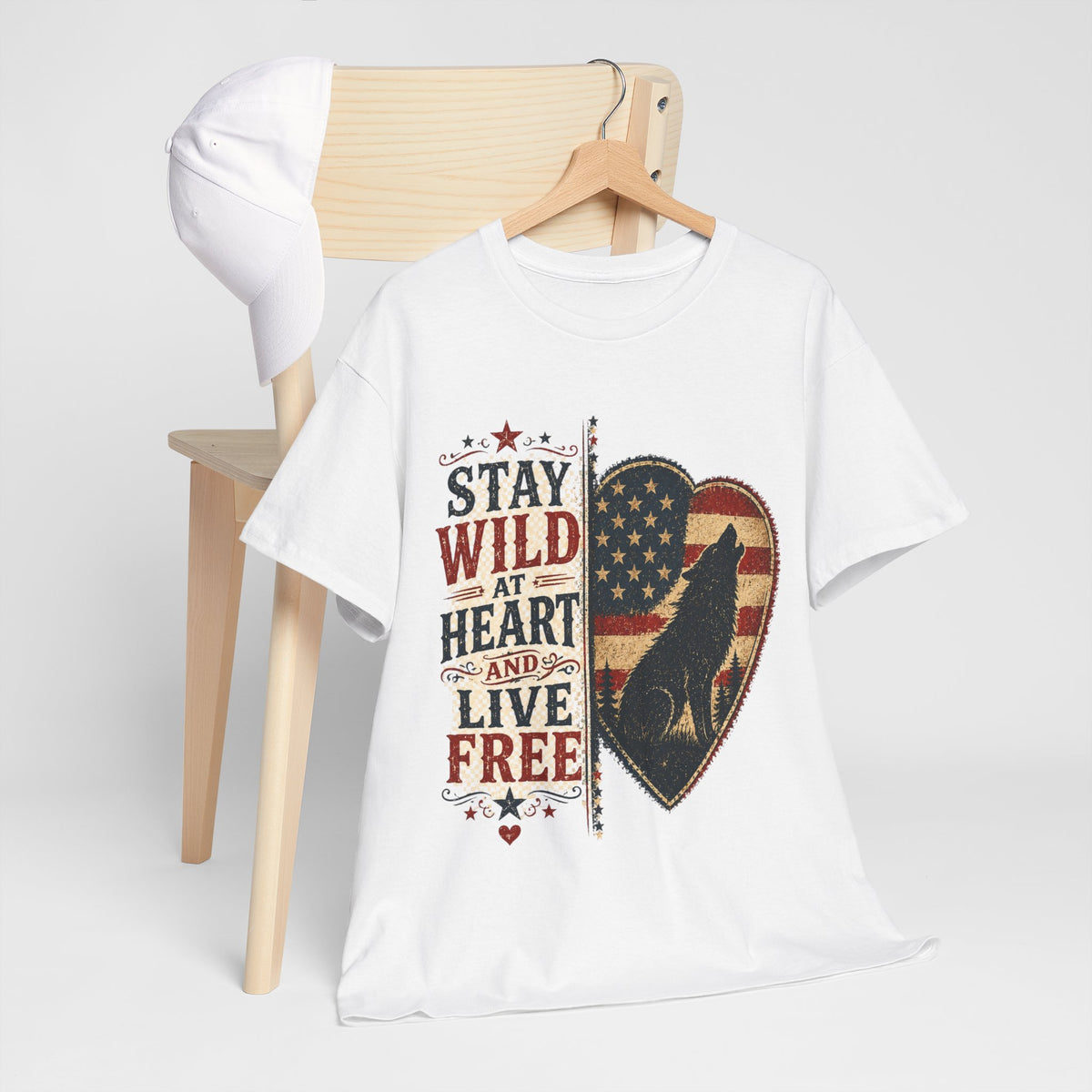 Stay Wild at Heart Live Free T-Shirt - Patriotic Wolf Heart Graphic