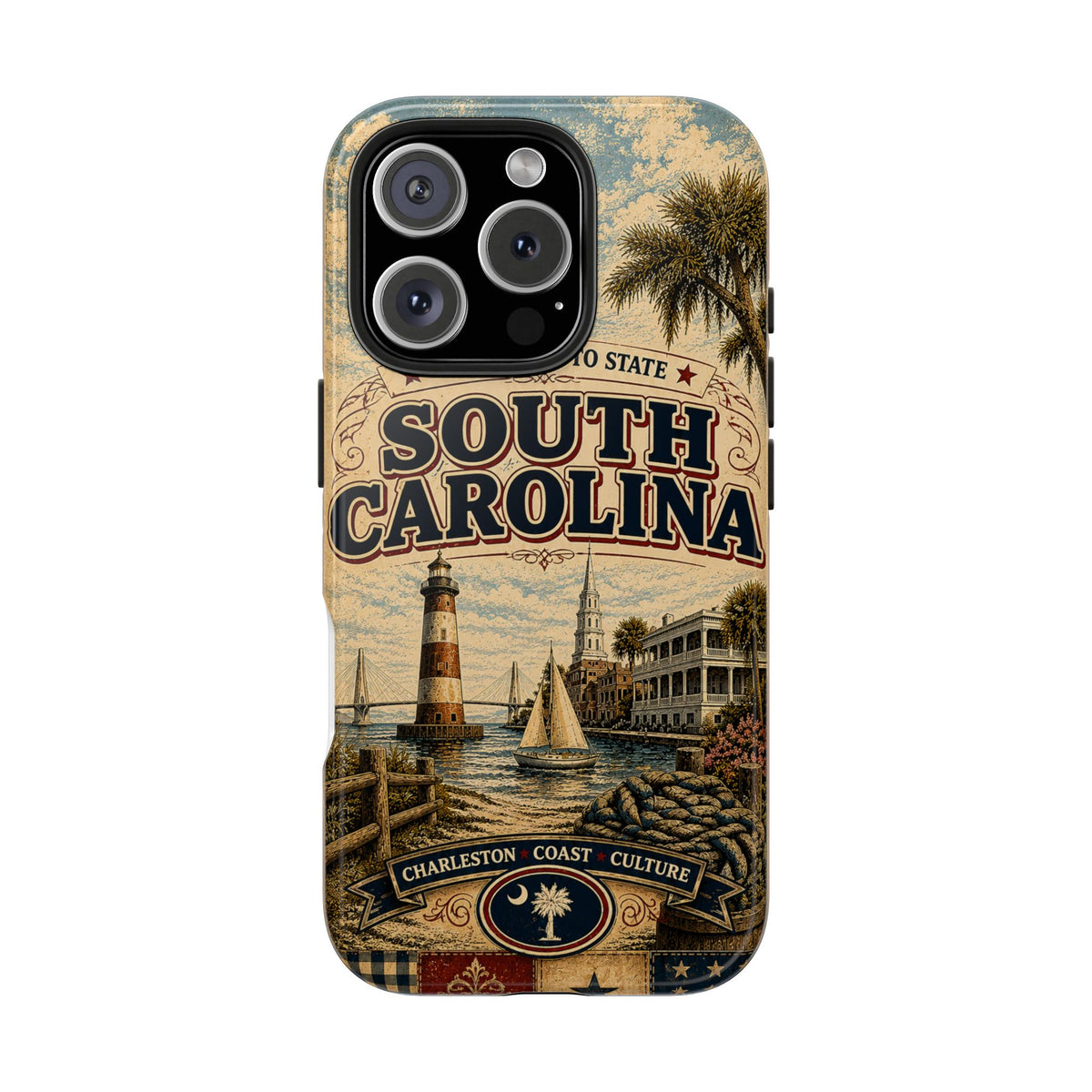 South Carolina Faux Patchwork Phone Case Palmetto State Retro Charleston Coastal Lighthouse State Pride Cover