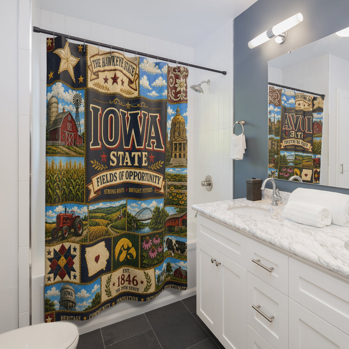 Iowa Shower Curtain, Hawkeye State Decor, Farmhouse Landmark Faux Patchwork, Rustic Midwest Bathroom Decor