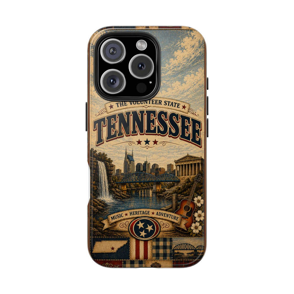 Tennessee Faux Patchwork Phone Case Volunteer State Retro Nashville Skyline Guitar State Pride Cover