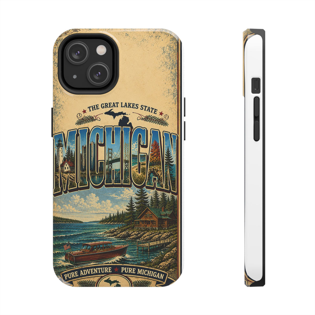 Michigan Great Lakes Faux Patchwork Phone Case – Vintage Travel Poster Style Michigan State Pride Cover for iPhone & Samsung