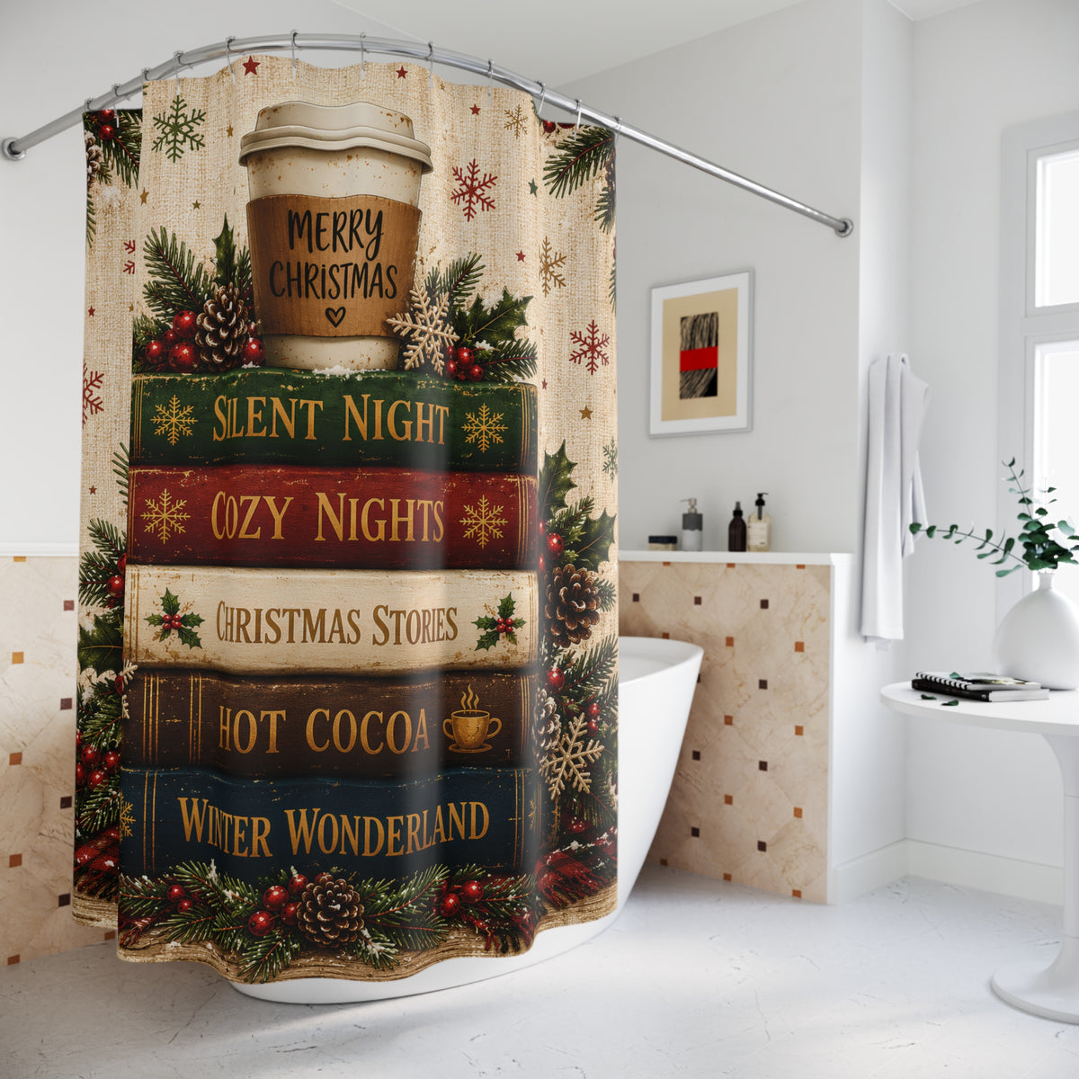 Christmas Book Stack Shower Curtain Silent Night Hot Cocoa Winter Wonderland Rustic Farmhouse Holiday Bathroom Decor