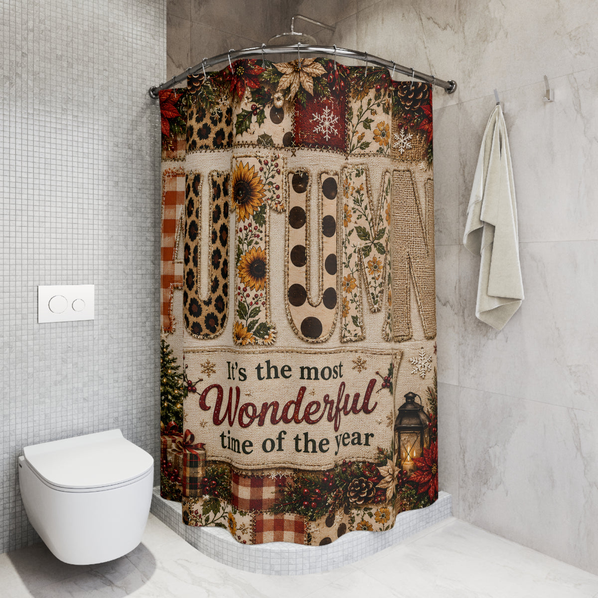 Autumn Christmas Shower Curtain Faux Patchwork Plaid Leopard Sunflower Rustic Farmhouse Holiday Bathroom Decor