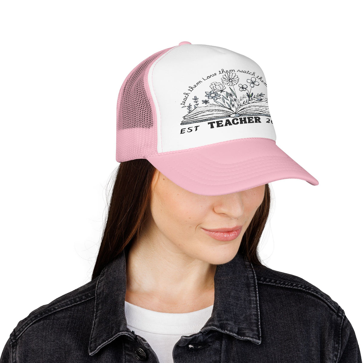 Floral Teacher Foam Trucker Hat, Embroidered Cap for Educators, Gifts for Teachers, Teacher Appreciation, Graduation Hat, Customizable
