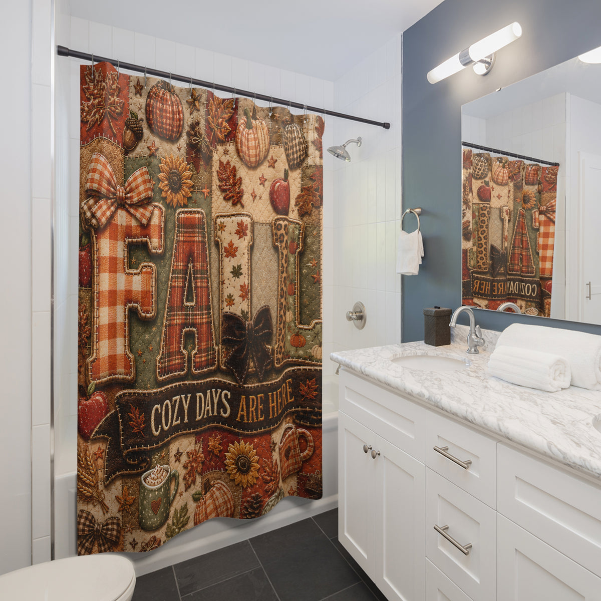 Fall Faux Patchwork Shower Curtain Cozy Days Are Here Pumpkins Autumn Leaves Rustic Farmhouse Bathroom Decor