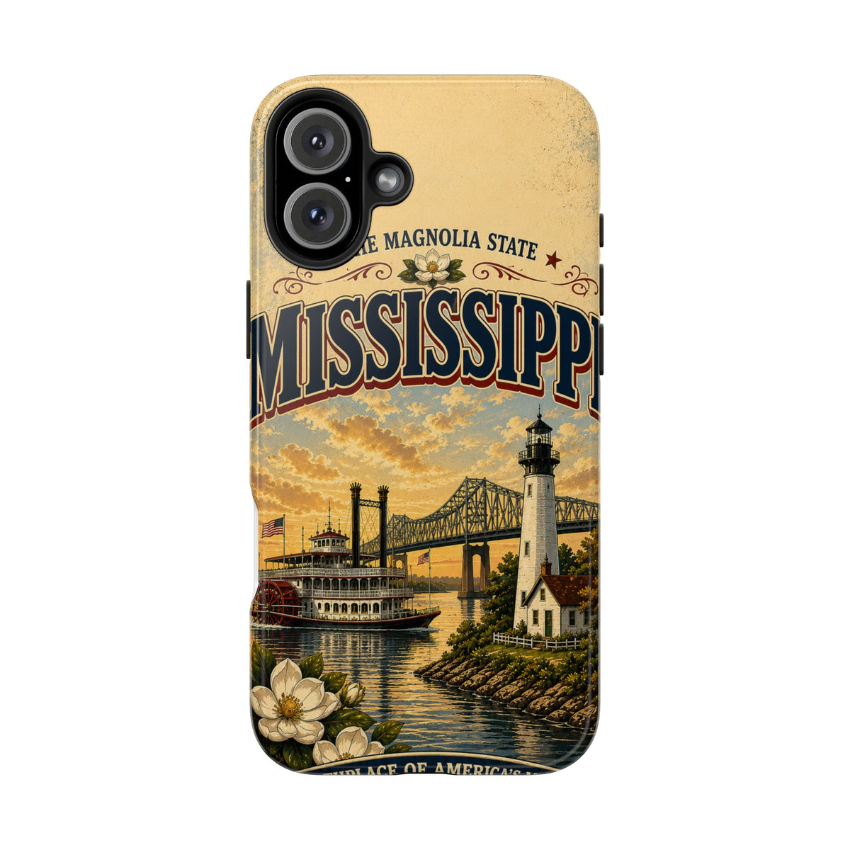 Mississippi Magnolia State Faux Patchwork Phone Case – Vintage Travel Poster Riverboat Lighthouse Design for iPhone & Samsung
