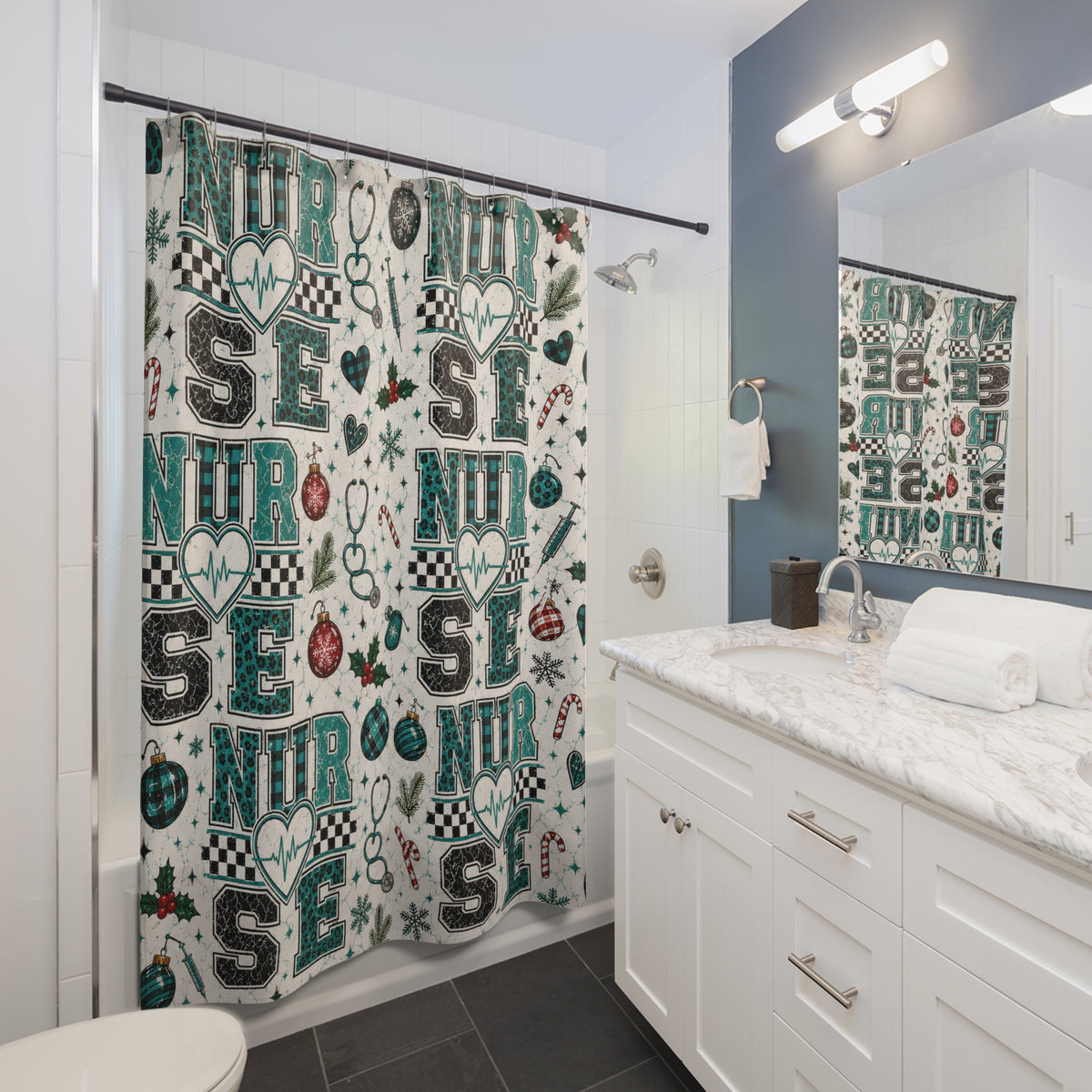 Christmas Nurse Shower Curtain Faux Patchwork Stethoscope Heartbeat Teal Plaid Nursing Holiday Bathroom Decor Nurse Gift