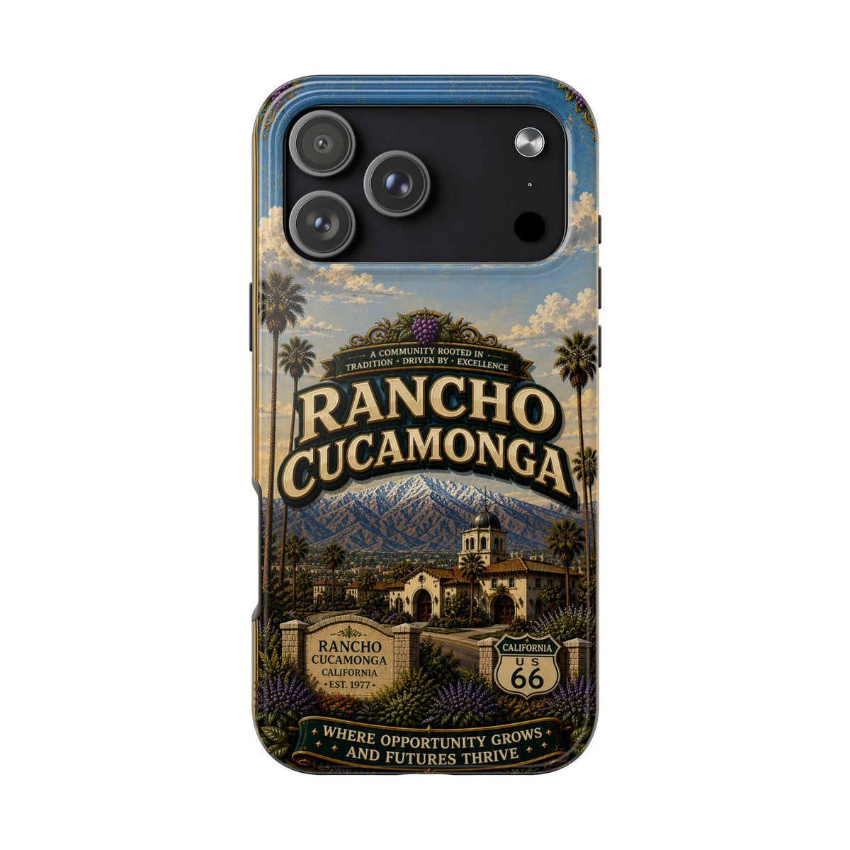 Rancho Cucamonga Where Opportunity Grows Faux Patchwork Phone Case – Route 66 Vintage Travel Art Cover