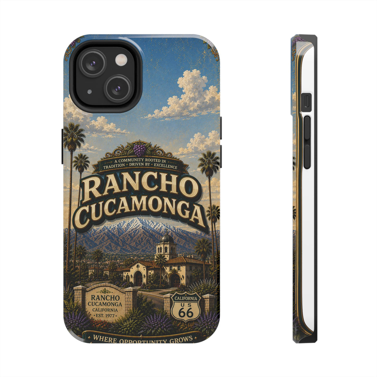 Rancho Cucamonga Where Opportunity Grows Faux Patchwork Phone Case – Route 66 Vintage Travel Art Cover