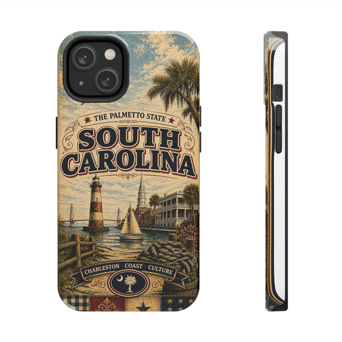 South Carolina Faux Patchwork Phone Case Palmetto State Retro Charleston Coastal Lighthouse State Pride Cover