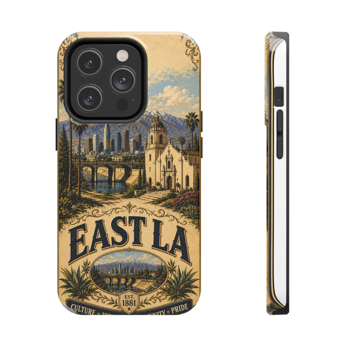 East LA Faux Patchwork Phone Case – Cultural Heritage Skyline & Mission Landmark Retro Cover for iPhone 17 Samsung S26