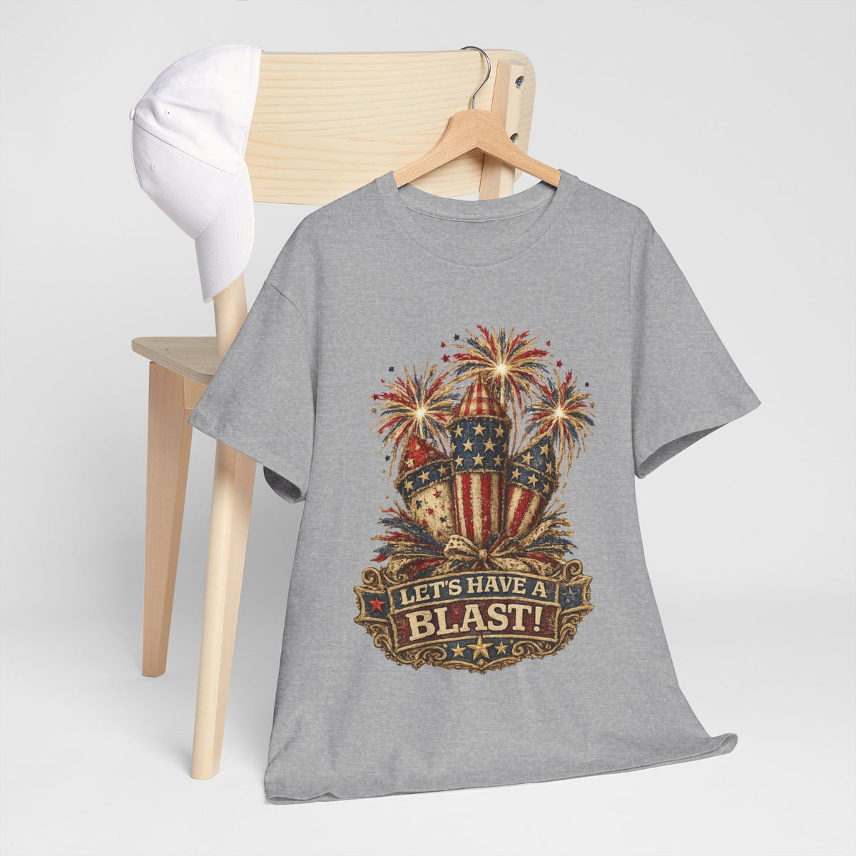 T-Shirt — "Let's Have a Blast!" American Flag Fireworks 4th of July Tee