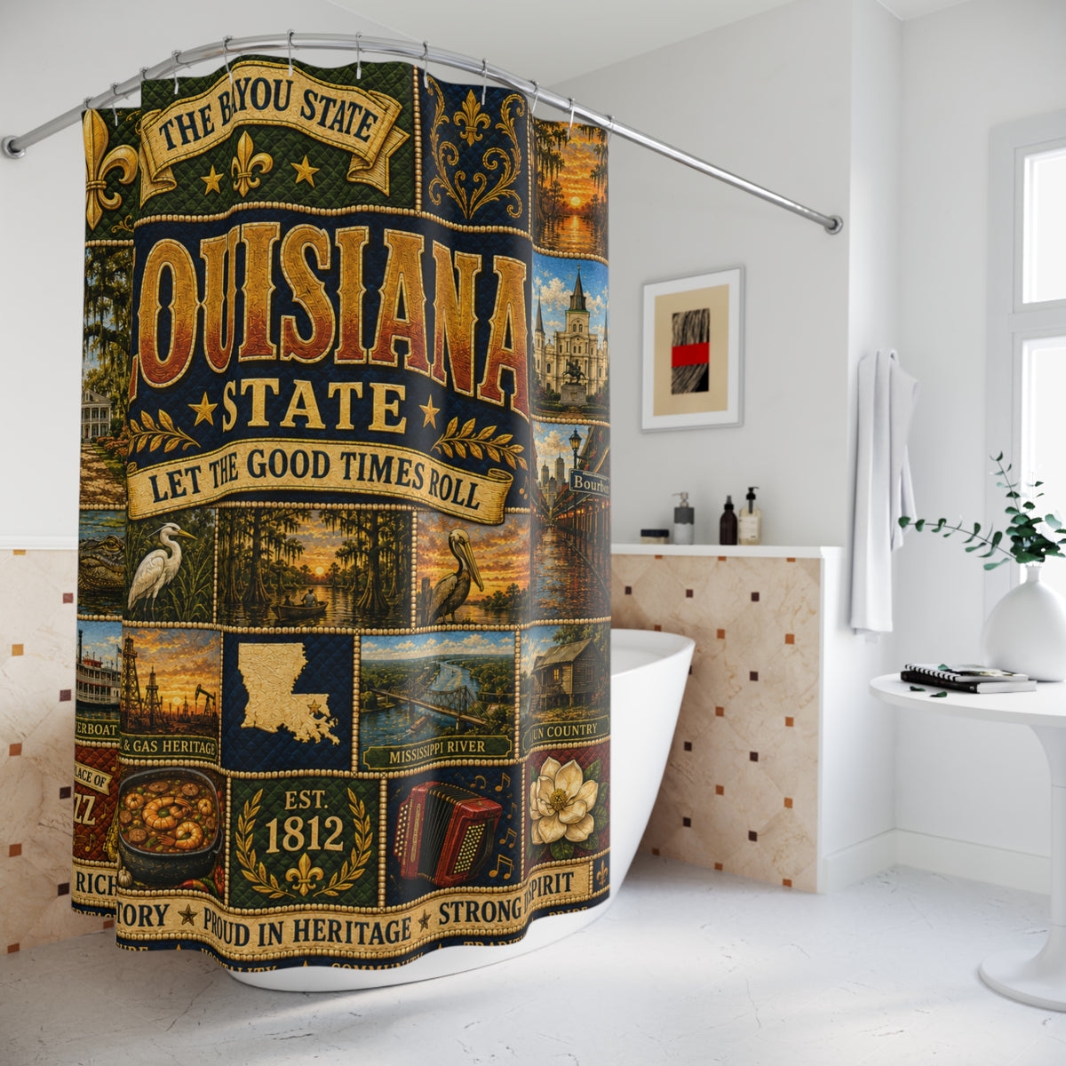 Louisiana Shower Curtain, Bayou State Decor, Cajun Jazz Faux Patchwork, Southern Landmark Bathroom Decor