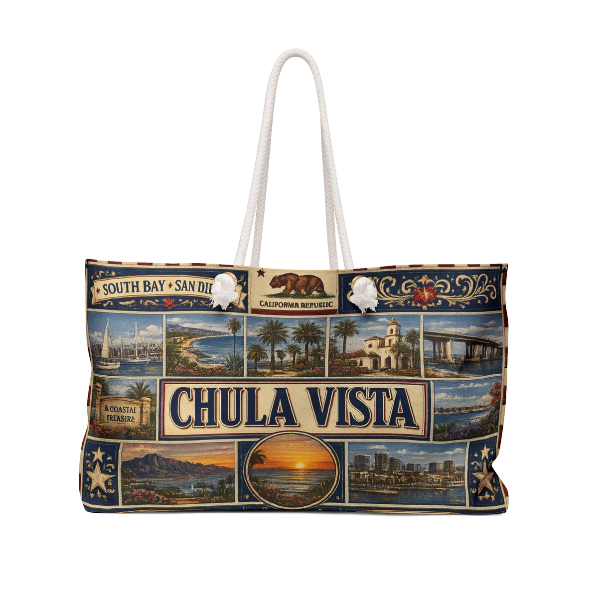 Chula Vista California Weekender Bag South Bay San Diego Faux Patchwork Travel Tote Coastal Paradise Getaway Gift