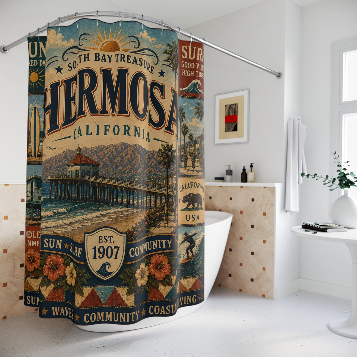 Hermosa Beach California Shower Curtain South Bay Faux Patchwork Sun Surf Coastal Bathroom Decor
