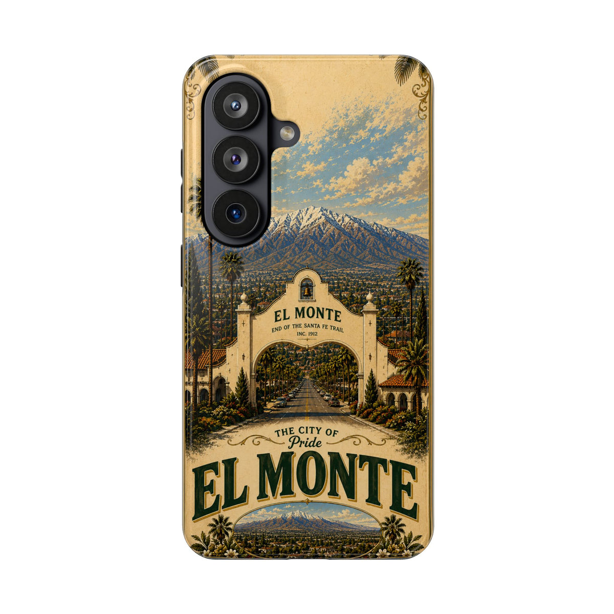El Monte Faux Patchwork Phone Case – Santa Fe Trail Historic Archway Retro Travel Cover for iPhone 17 Samsung S26