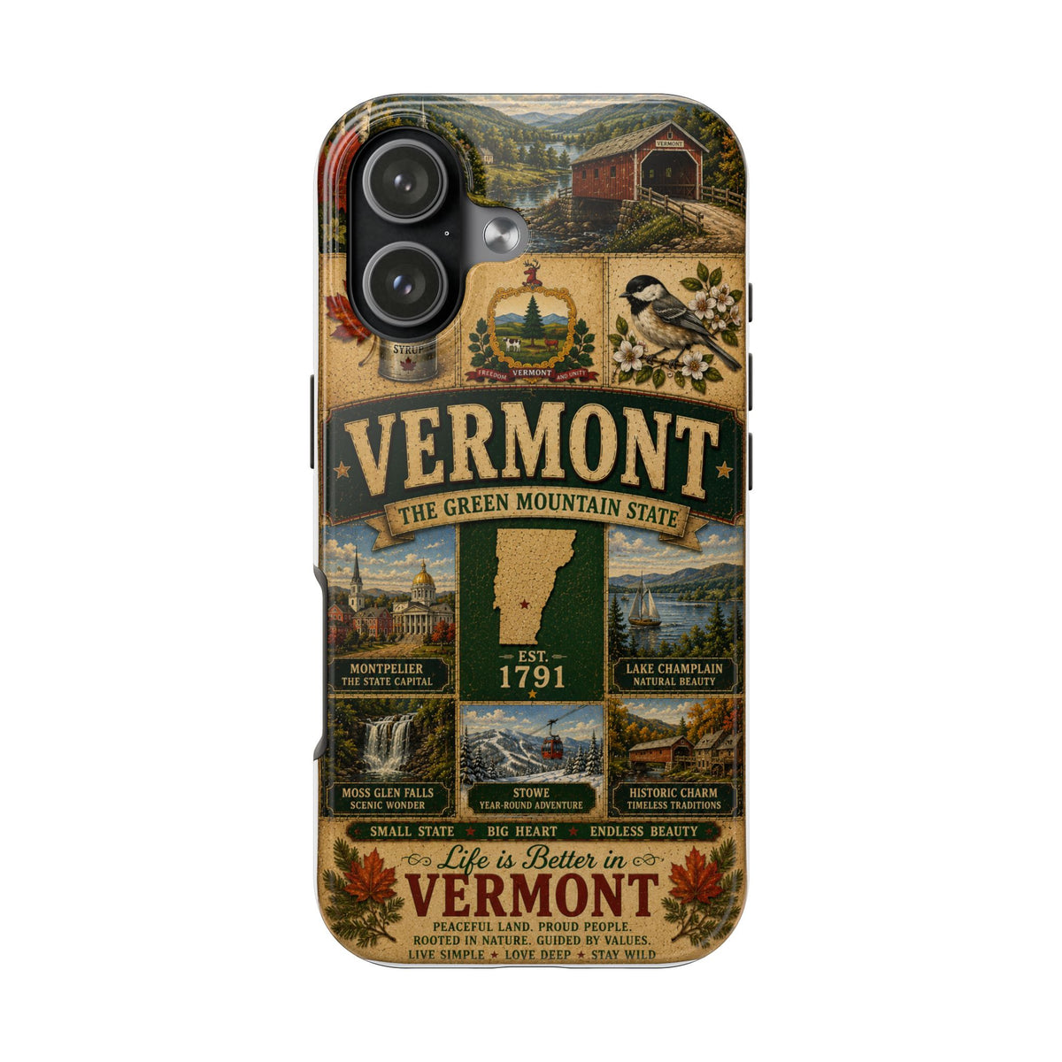 Vermont Faux Patchwork Phone Case The Green Mountain State Vintage Travel Poster Retro State Pride Cover Est 1791