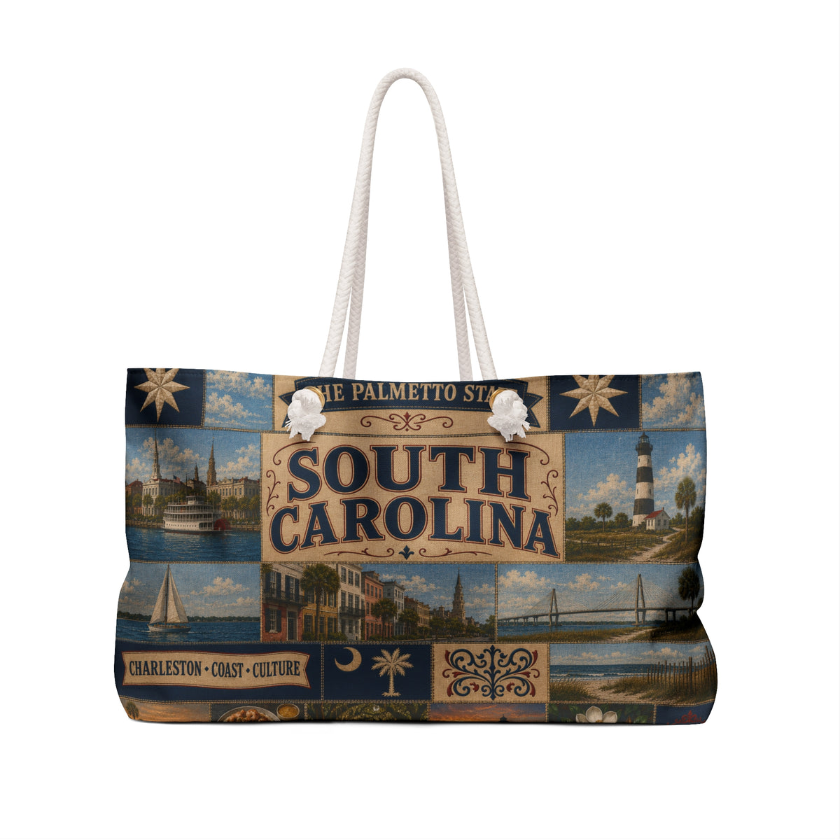 South Carolina Weekender Bag Palmetto State Faux Patchwork Travel Tote Charleston Coastal Lighthouse Beach Souvenir Gift