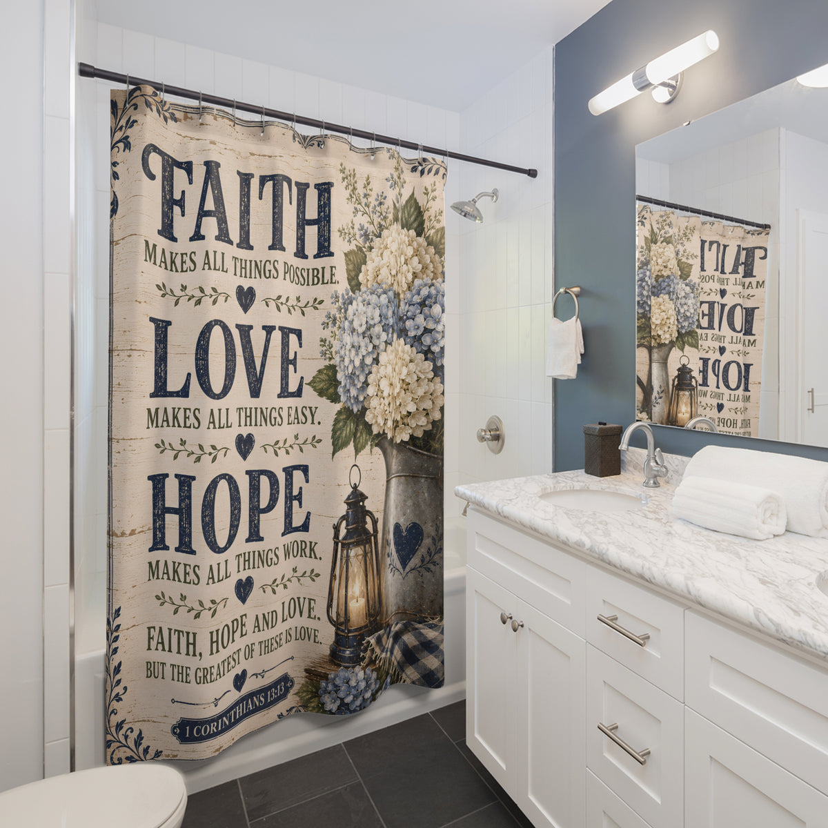 Faith Love Hope Christian Shower Curtain 1 Corinthians 13 13 Blue Hydrangea Farmhouse Bathroom Decor