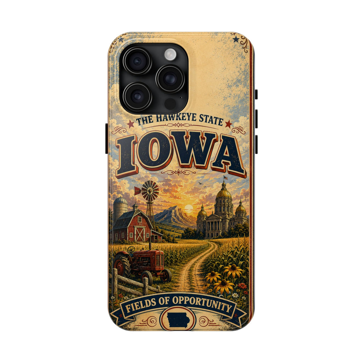 Iowa Hawkeye State Faux Patchwork Phone Case – Vintage Travel Poster Style Iowa Souvenir Cover for iPhone & Samsung