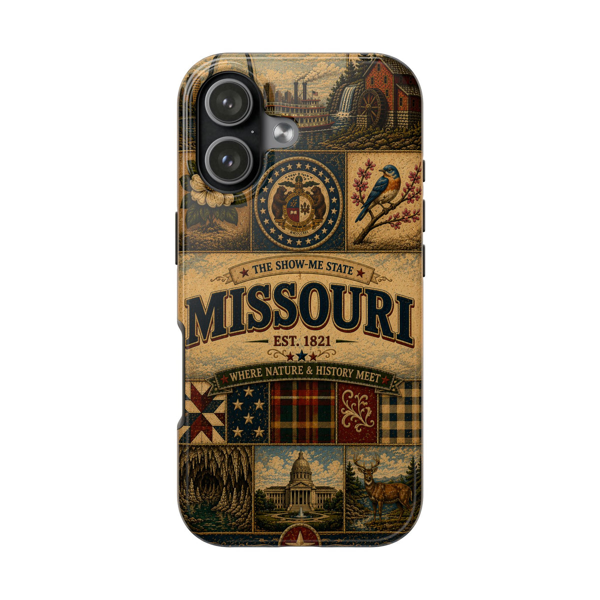 Missouri Show Me State Faux Patchwork Phone Case – Vintage Travel Poster Gateway Arch & Riverboat Cover for iPhone & Samsung
