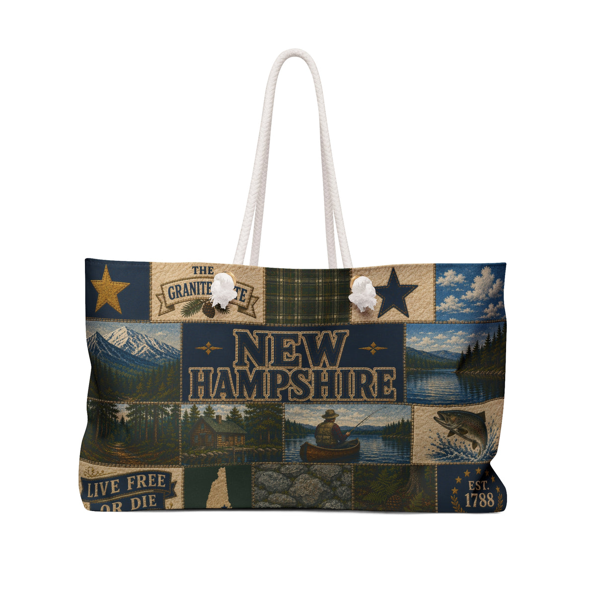 New Hampshire Weekender Bag Live Free or Die Faux Patchwork Travel Tote Granite State Mountain Lake Adventure Gift