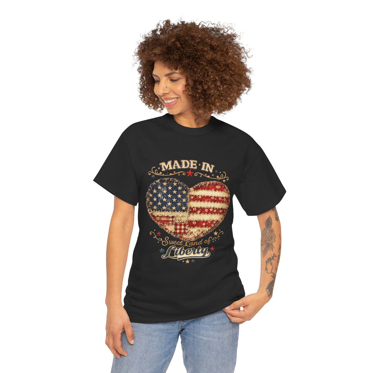 Patriotic Heart T-Shirt — "Made in Sweet Land of Liberty" USA Flag Tee