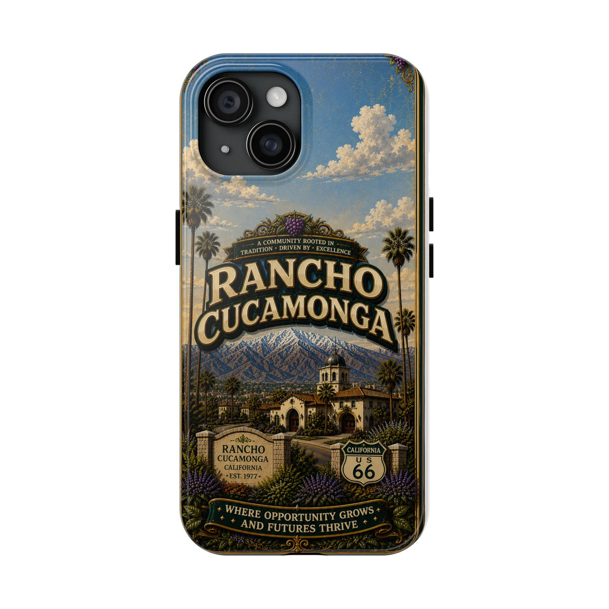Rancho Cucamonga Where Opportunity Grows Faux Patchwork Phone Case – Route 66 Vintage Travel Art Cover