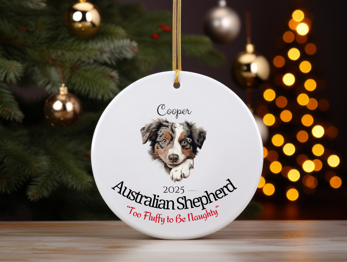 Australian Shepherd “Too Fluffy to Be Naughty” Personalized Pet Ornament with Photo & Name – Funny Custom Dog Christmas Ornament