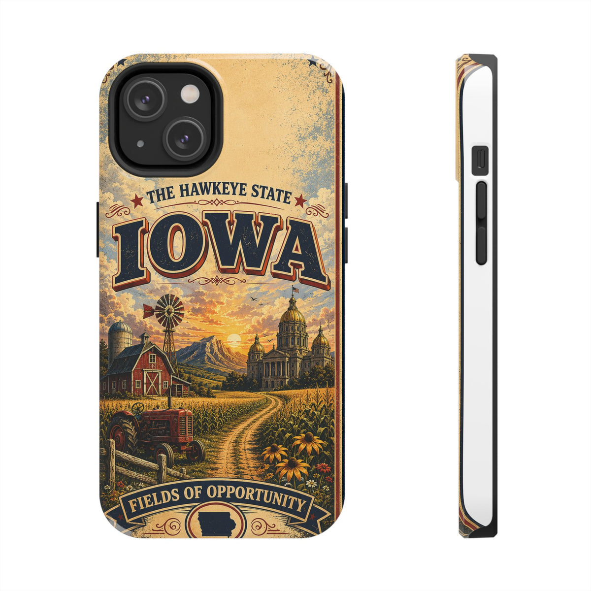 Iowa Hawkeye State Faux Patchwork Phone Case – Vintage Travel Poster Style Iowa Souvenir Cover for iPhone & Samsung