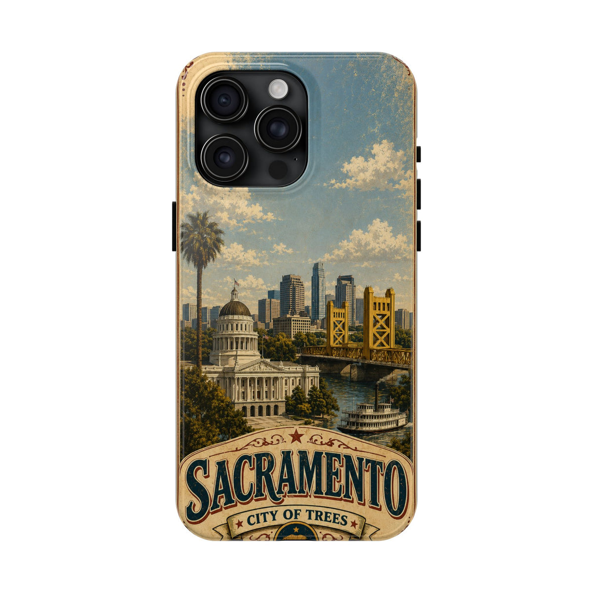 Sacramento City of Trees Faux Patchwork Phone Case Vintage California Landmark Travel Poster Cover