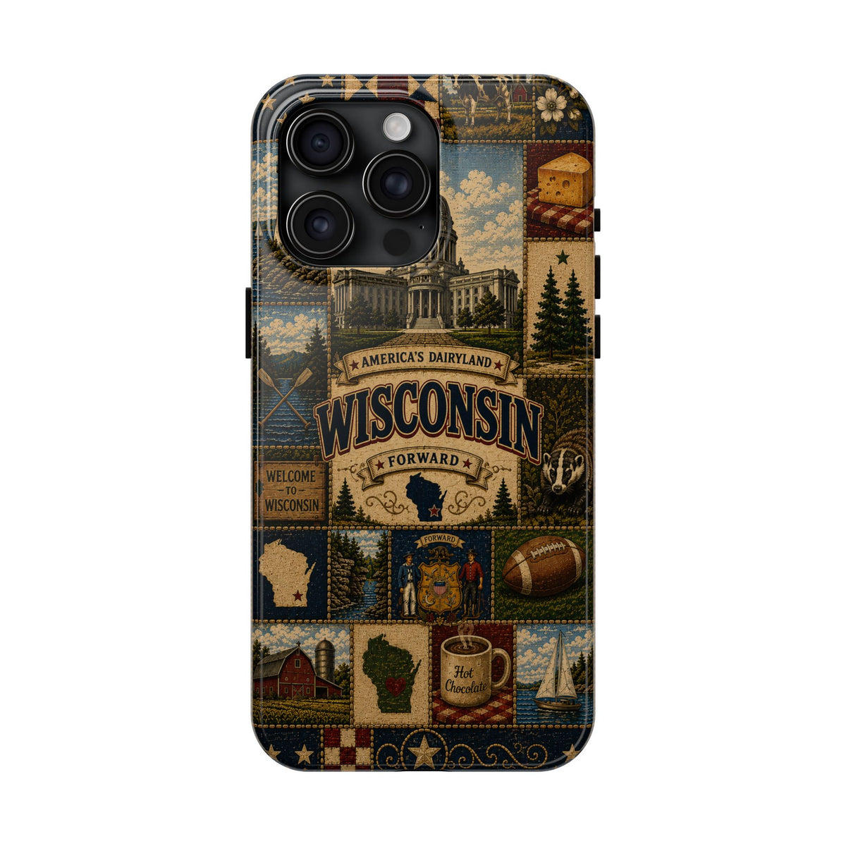 Wisconsin Faux Patchwork Phone Case Americas Dairyland Retro Barn Lighthouse Forward State Pride Cover