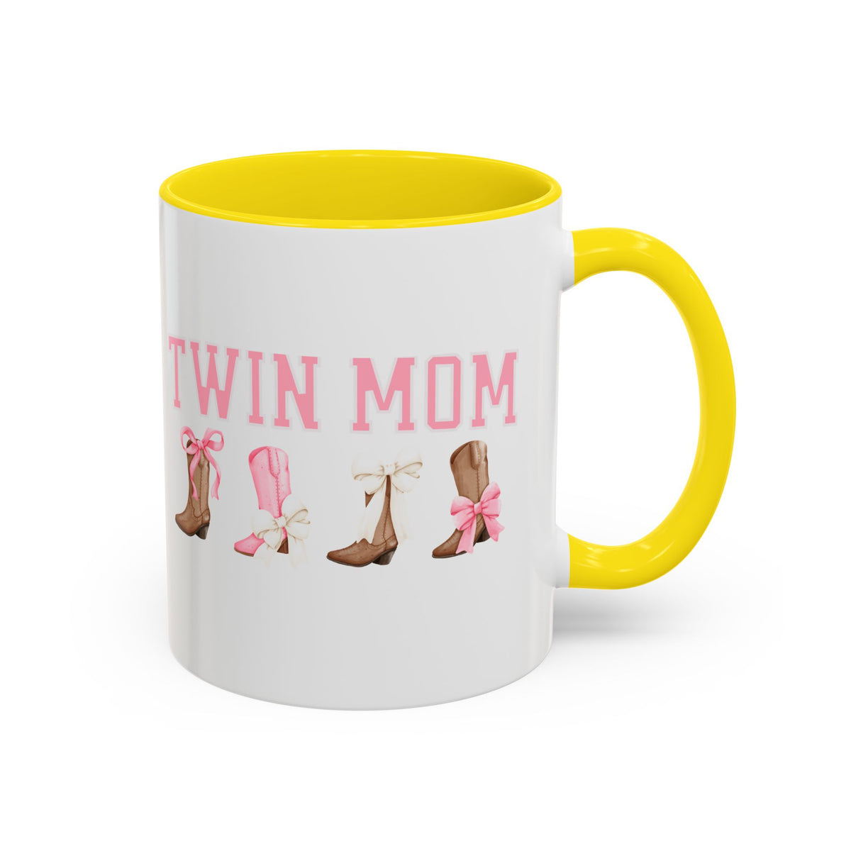 Twin Mom Letters Coffee Mug with Cowboy Boots and Bow – 11oz & 15oz Accent Mug – Cute Western Gift for Twin Moms