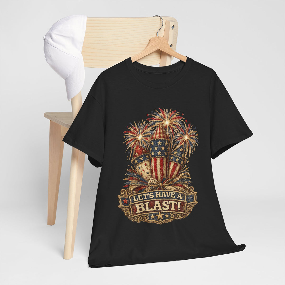 T-Shirt — "Let's Have a Blast!" American Flag Fireworks 4th of July Tee