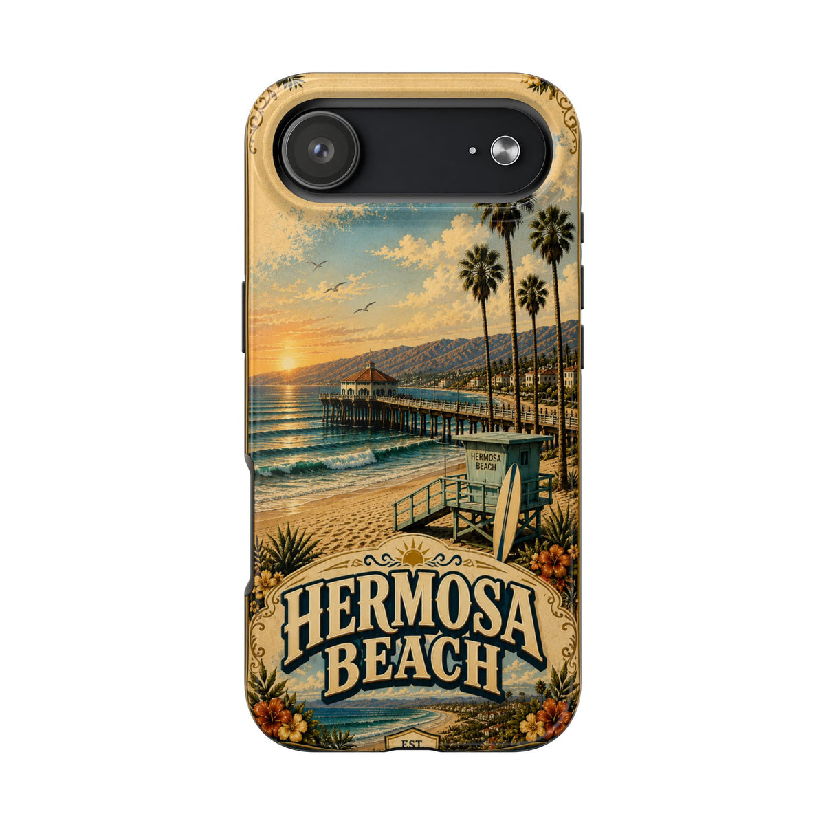 Coastal Pier Faux Patchwork Phone Case – Sunset Waves & Surf Retro California Beach Art Cover