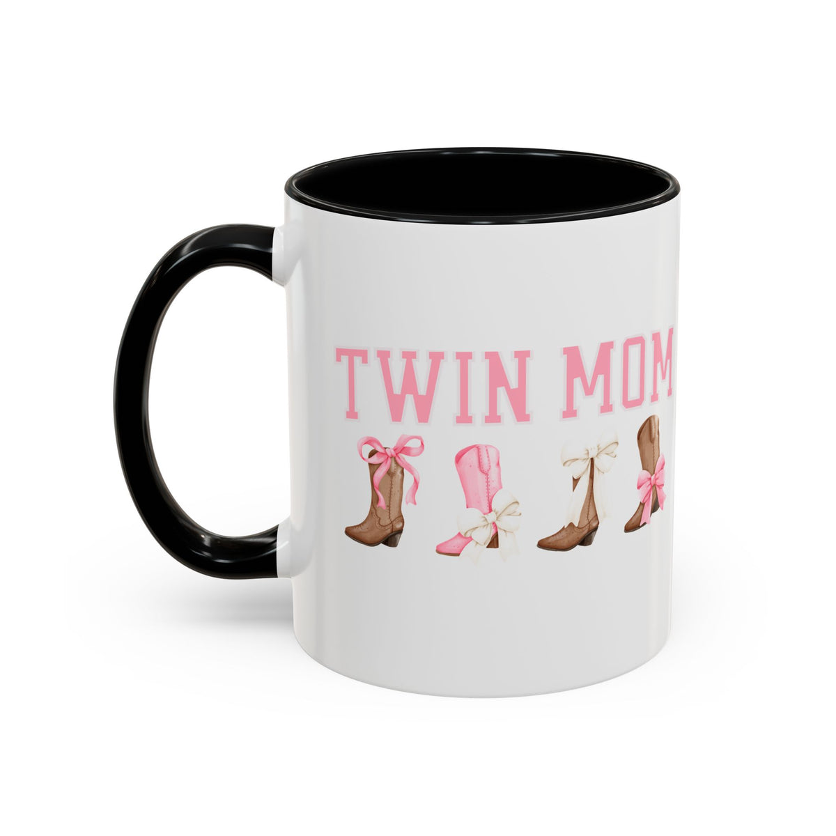 Twin Mom Letters Coffee Mug with Cowboy Boots and Bow – 11oz & 15oz Accent Mug – Cute Western Gift for Twin Moms