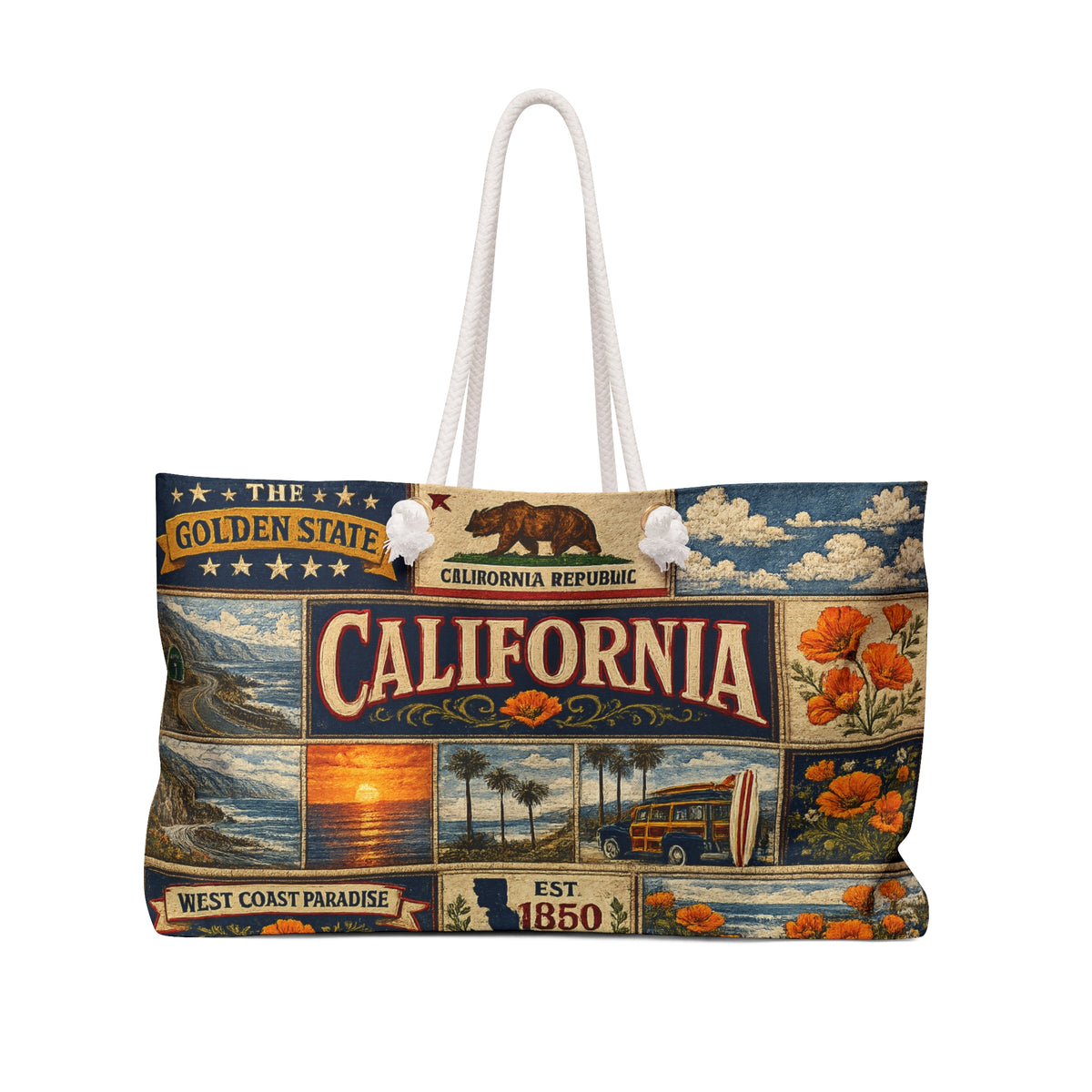 California Weekender Bag The Golden State Faux Patchwork Travel Tote West Coast Paradise Vintage State Souvenir Gift