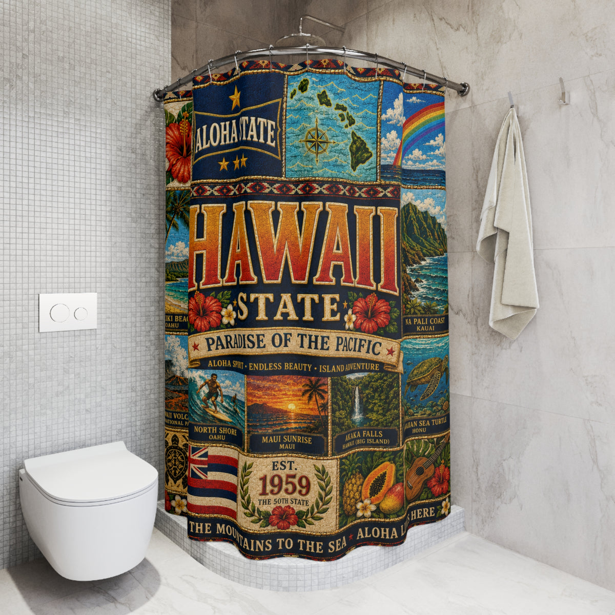 Hawaii Shower Curtain, Aloha State Decor, Tropical Island Faux Patchwork, Hawaiian Landmark Bathroom Decor
