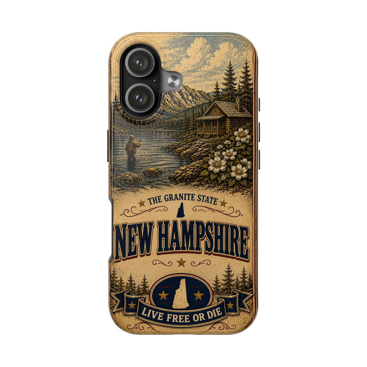 New Hampshire Faux Patchwork Phone Case Live Free or Die Granite State Vintage Travel Poster iPhone 17 Samsung S26 Cover
