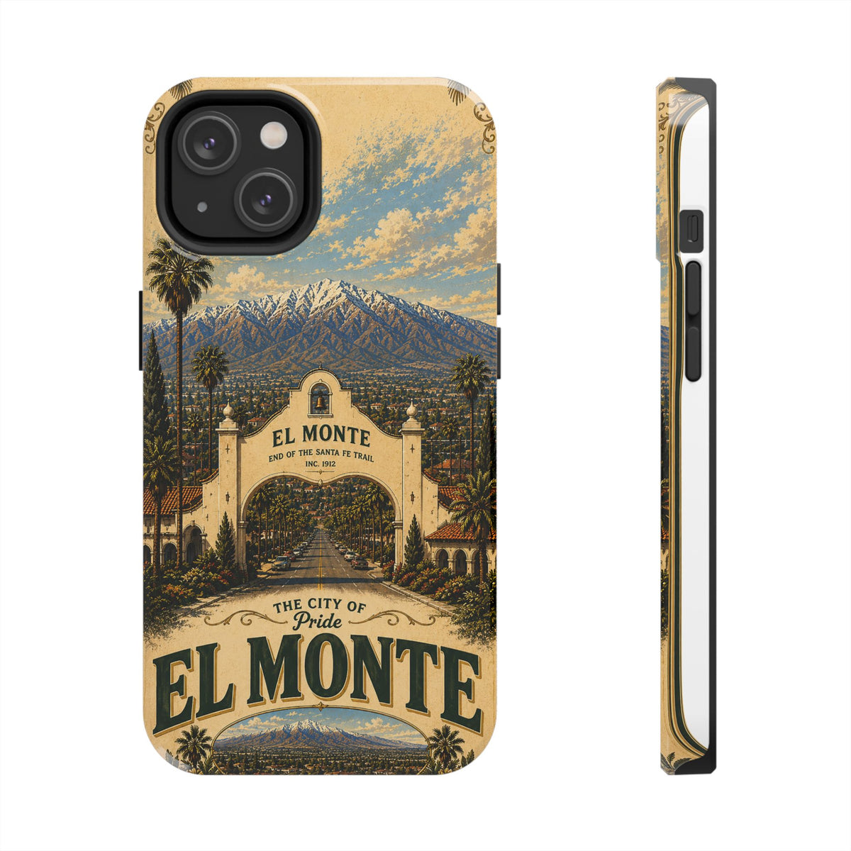 El Monte Faux Patchwork Phone Case – Santa Fe Trail Historic Archway Retro Travel Cover for iPhone 17 Samsung S26