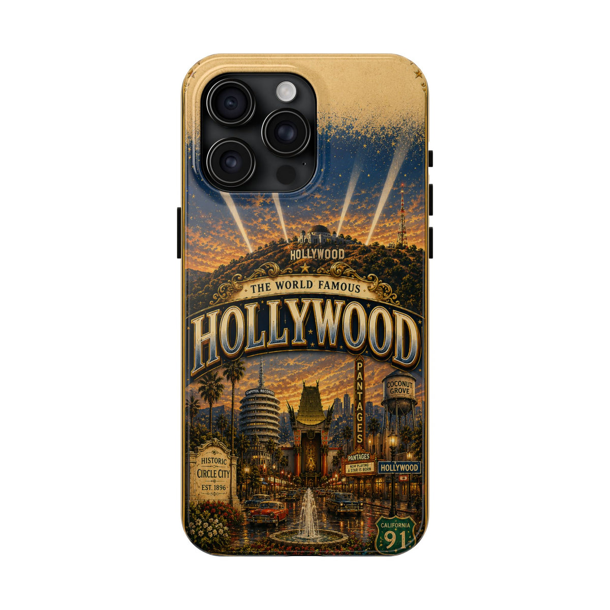 Hollywood Faux Patchwork Phone Case – Vintage Night Lights Retro Cinema Street Scene Old Hollywood Glam Cover